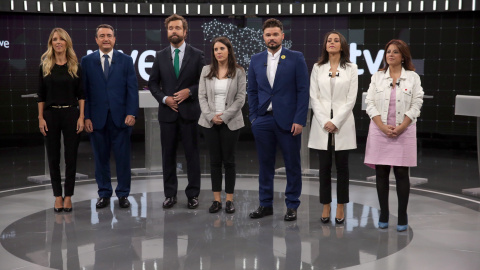 01/11/2019 - Los portavoces parlamentarios de PSOE, PP, Cs, Unidas Podemos, Vox, ERC y PNV antes del debate electoral de RTVE. / EFE - JAVIER LIZÓN