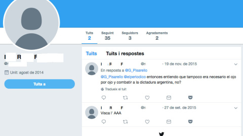 Captura del compte de Twitter d'I.R.F. en què interpel·lava l'ara primer tinent d'alcalde de Barcelona, Gerardo Pisarello, i acabava amb un 'visca' a la Triple A.