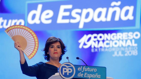 La candidata a la Presidencia del PP, Soraya Sáenz de Santamaría, durante su intervención hoy en el XIX Congreso del partido