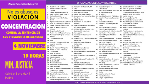 Organizaciones convocantes de las marchas contra la sentencia este lunes 4 de noviembre