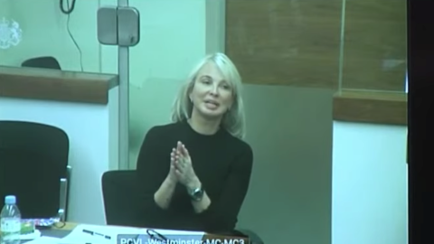 Corinna Larsen, durante su declaración por videoconferencia desde Londres, este viernes, en el primer juicio contra Villarejo.