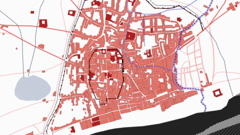 Reproducció del plànol històric de la ciutat medieval de l’any 1300, on es pot observar la configuració de la ciutat en aquella època