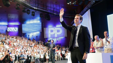 El palentino Pablo Casado, durante su discurso tras ser elegido nuevo presidente del PP en sustitución de Mariano Rajoy/EFE