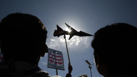 2 de febrero de 2024. Manifestación contra Estados Unidos e Israel y en apoyo al pueblo palestino en Sanaa, Yemen, en febrero de 2024.