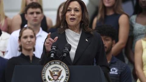 La actual vicepresidenta de EEUU y candidata a la Presidencia, Kamala Harris durante un discurso en la Casa Blanca, a 22 de julio de 2024, en Washington.