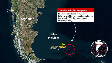 Infografía con localización del pesquero 'Arcos Georgia' naufragado en las proximidades de las islas Malvinas