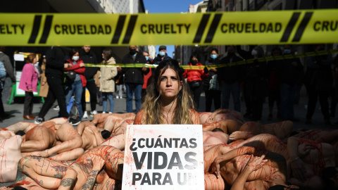 Varias chicas desnudas con pintura roja sobre el cuerpo, con una pancarta que reza '¿Cuántas vidas para un abrigo?' en la protesta contra la industria peletera ‘Sin Piel 2022’, en la calle Preciados, a 13 de marzo de 2022, en Madrid (España).