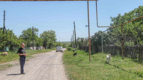 Las cabras ramonean junto a las empalizadas de la calle principal de Pavlopil, en la línea de contacto del Donetsk. Parado en la calle principal, el pastor adventista de la aldea