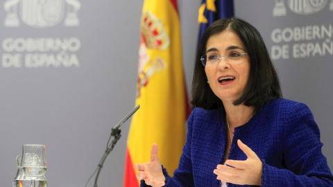 La ministra de Sanidad, Carolina Darias, durante la rueda de prensa celebrada tras la celebración del Consejo Interterritorial de Salud, este miércoles 29 de diciembre de 2021 en Madrid.