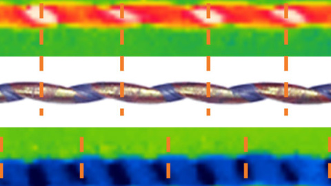 Imágenes térmicas y ópticas de una fibra de goma natural arrollada y estirada (arriba) y después de estirarla (abajo), que muestran el enfriamiento./ UNIVERSITY OF TEXAS AT DALLAS