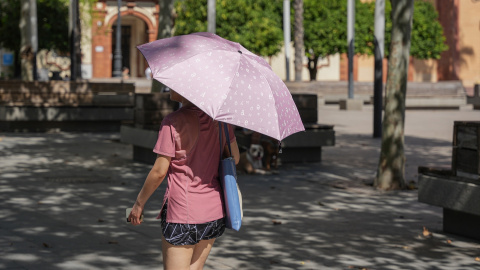 23 de julio de 2024. Una mujer con paraguas por las altas temperaturas paseando por Sevilla el 23 de julio de 2024.