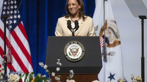 La vicepresidenta Kamala Harris durante un mitin en Indiana.