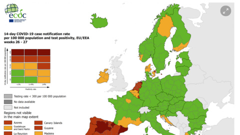 Mapa de l'ECDC sobre el risc per coronavirus a Europa, del 15 de juliol del 2021