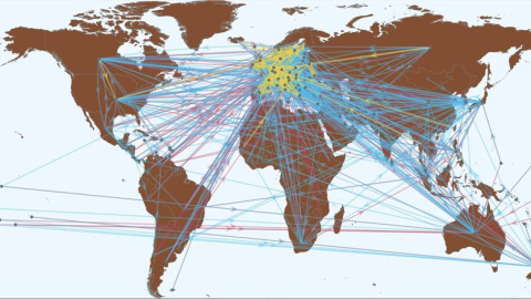 Esquema de la red mundial de los residuos más comunes entre 2003 y 2009: en azul, industriales, clínicos y farmacéuticos; en rojo, químicos; en amarillo, domésticos.