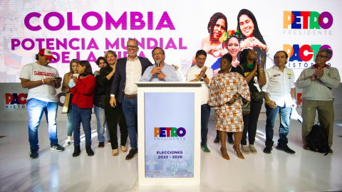 22/03/22. El candidato a la presidencia de Colombia, Gustavo Petro, en el acto de celebración tras conocer el resultado en las elecciones.