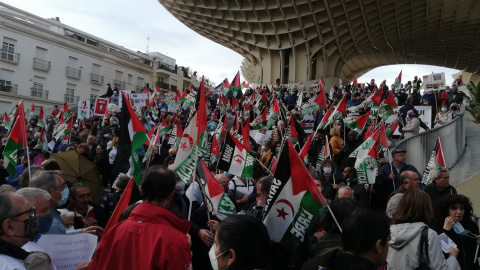 Numerosas banderas saharauis en la manifestación en Sevilla contra el apoyo del Gobierno a la autonomía que promueve Marruecos.