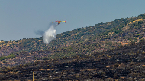 Un hidroavión participa en las tareas de extinción del incendio forestal en La Estrella (Toledo) este miércoles.