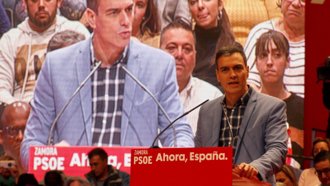 El candidato del PSOE, y presidente del Gobierno en funciones, Pedro Sánchez, durante un acto de precampaña del partido en Zamora. EFE/Mariam A. Montesinos