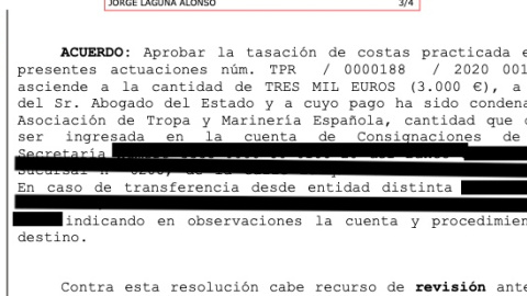 Extracto del escrito de la abogada del Estado en la que cifra e 3.000 euros las  costas judiciales que deberá pagar la ATME.