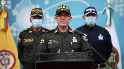 El director general de la Policía Nacional de Colombia, Jorge Luis Vargas, habla durante una rueda de prensa sobre el magnicidio, este viernes en Bogotá. - REUTERS