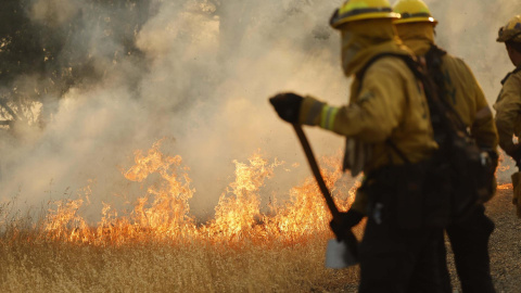 Un grupo de bomberos trata de controlar el incendio del condado de Tehama, en California, a 30 de julio.