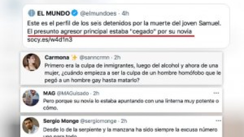 Indignación con un titular del 'El Mundo' que dice que el presunto agresor principal Samuel Luiz "estaba 'cegado' por su novia"