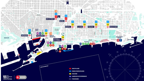 Mapa amb els principals espais de la Copa Amèrica i els transports públics propers