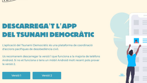 Captura de la página web de Tsunami Democràtic donde se aloja el enlace para descargar su app. / Tsunami Democràtic