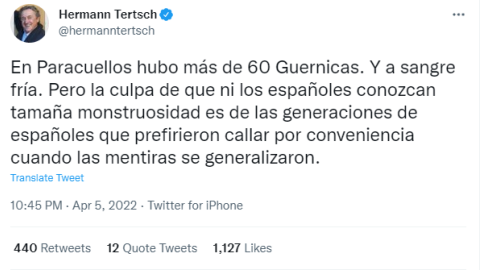 Tuit de Hermann Tertsch que se movió en redes después de las declaraciones de Zelenski.