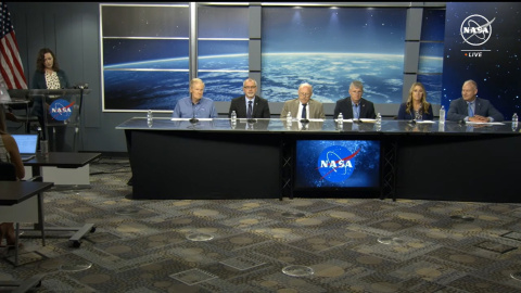 24 de agosto de 2024. Bill Nelson y su equipo en una rueda de prensa en el Centro Espacial Johnson (Texas), a 24 de agosto de 2024.