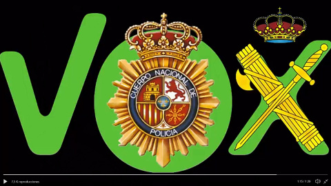 Montaje de los escudos del CNP y la Guardia Civil sobre el logotipo de VOX, fabricado por Jandro Lion para el último vídeo su canal de YouTube.