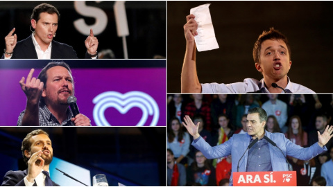 Albert Rivera (Cs), Pablo Iglesias (Unidas Podemos), Pablo Casado (PP), Íñigo Errejón (Más País) y Pedro Sánchez (PSOE). / EFE