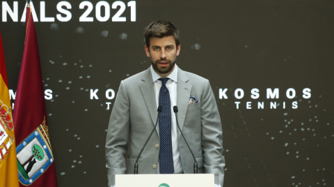 El futbolista y promotor del torneo, Gerard Piqué, interviene en la presentación oficial de las finales de la Copa Davis 2021 en la Real Casa de Correos