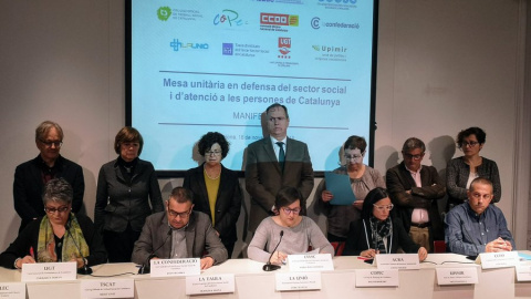 La roda de premsa on s'ha presentat el manifest de la Mesa Unitària del Sector Social. @Taula3sector