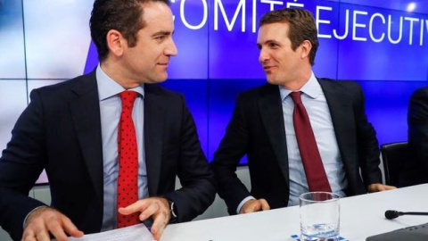 El presidente nacional del PP, Pablo Casado (derecha), y el secretario general de la formación, Teodoro García Egea, durante una reunión del Comité Ejecutivo Nacional.