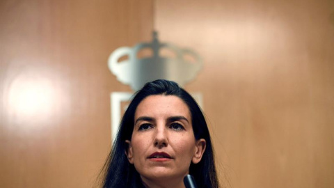 08/07/2019.- La candidata de Vox a la Presidencia de la Comunidad de Madrid, Rocío Monasterio, durante la rueda de prensa que ofrece esta tarde en la Asamblea. Monasterio, ha condicionado su apoyo a la investidura de Isabel Díaz Ayuso (PP) como presiden