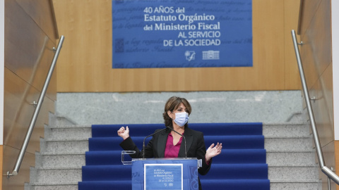 7/03/2022-La fiscal General del Estado, Dolores Delgado, en el acto conmemorativo del 40º Aniversario de aprobación del Estatuto Orgánico del Ministerio Fiscal, el 7 de marzo de 2022, en Bilbao, País Vasco.