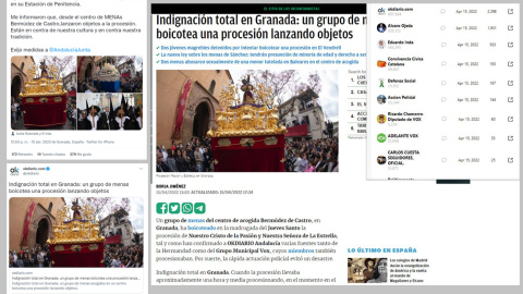 Capturas del primer tuit difundiendo el bulo por parte del portavoz de VOX Granada, Onofre Miralles; del primer tuit de OkDiario difundiendo el bulo; y de la publicación de OkDiario, 13 minutos después del primer tuit.