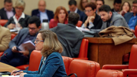 La ministra de Economía en funciones, Nadia Calviño, durante la reunión de la Diputación Permanente