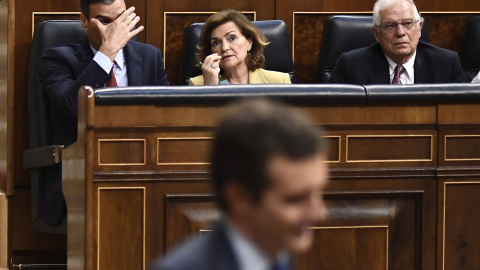 Pedro Sánchez durante el debate de Pablo Casado. AFP/Óscar del Pozo