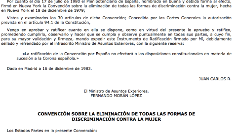 Texto de la ratificación de España del Convenio CEDAW de Naciones Unidas en el BOE, en el que se resalta la "reserva" de España en torno a la sucesión de la Corona.