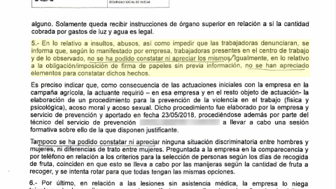 Informe de Inspección de Trabajo en el que se afirma que no se pueden constatar abusos, días después de que las temporeras se hubieran marchado.