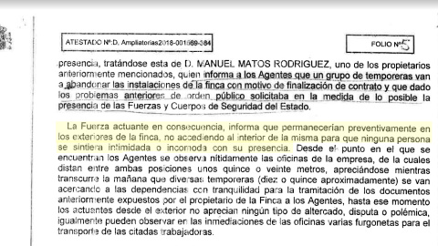 Atestado de la Guardia Civil que afirma que no entraron en la finca para no intimidar o incomodar, a pesar de haber sido alertados de la retención de una trabajadora contra su voluntad.