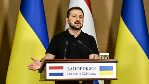 El presidente ucraniano, Volodímir Zelenski, durante una rueda de prensa en Zaporiyia.