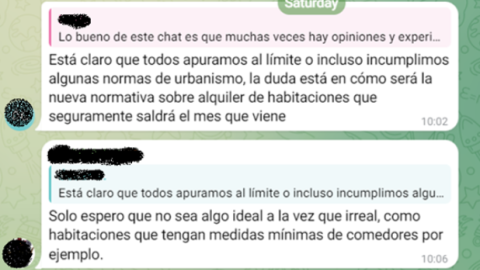 Mensaje del chat "Inversión en alquiler por habitaciones" en Telegram.