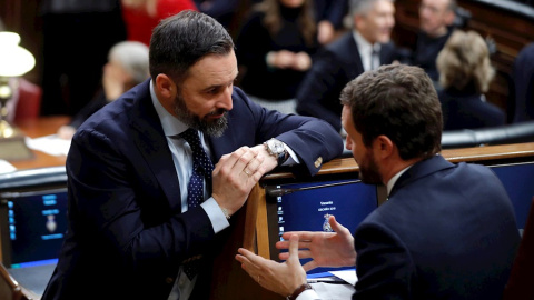 -El presidente del Partido Popular, Pablo Casado,d., y el líder de Vox, Santiago Abascal,iz., conversan durante la sesión constitutiva de la Cámara Baja. EFE/Ballesteros