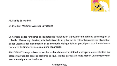 Carta de familiares de víctimas de la dictadura franquista en Madrid.- MEMORIA Y LIBERTAD