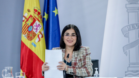 La ministra de Sanidad, Carolina Darias, en una rueda de prensa para informar de los asuntos tratados en el Consejo Interterritorial del Sistema Nacional de Salud, en la Moncloa, a 26 de enero de 2022, en Madrid.