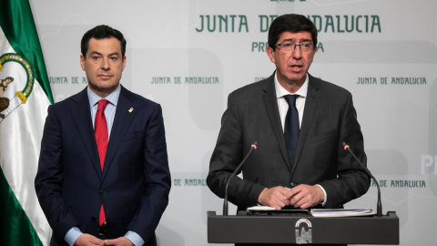 Juanma Moreno y Juan Marín hacen balance de sus primeros cien días al frente del Gobierno de  Andalucía. Europa Press