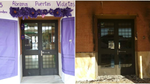 Mural del IES Antonio de Ulloa antes y después de ser quemado. / Twitter de Consejería Educación y Deporte